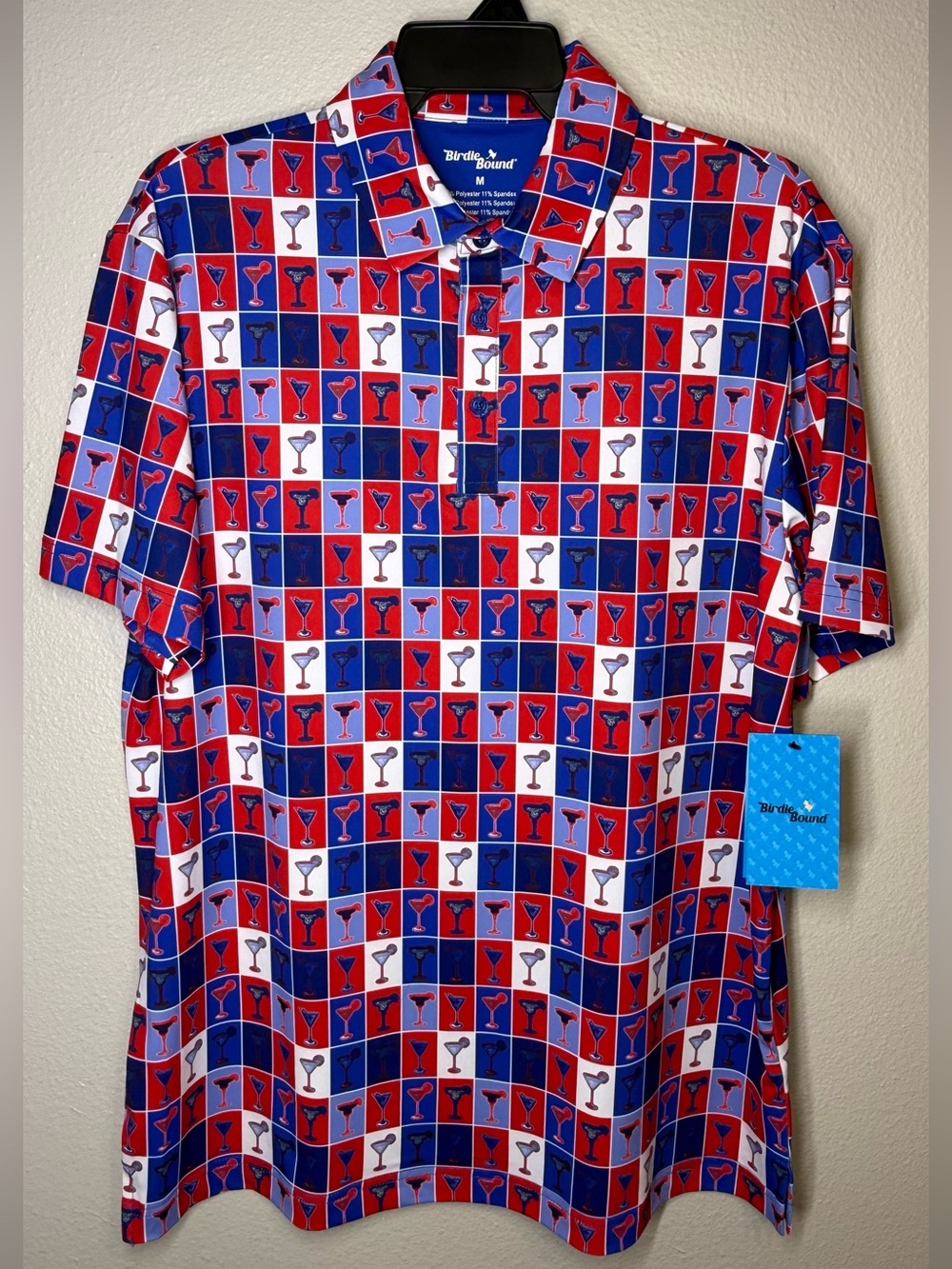 Birdies Red and Blue Martini Glass Print Polo